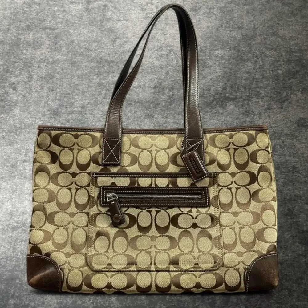 Vintage Coach 6082 Signature C Monogram Khaki Brown Jacquard Tote Bag Y2K